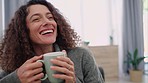 Happy woman, coffee and home while laughing and thinking funny thought or memory while sitting in lounge enjoying break and free time. Joyful, beautiful and russian female drinking tea to relax
