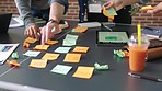 Sticky notes, working and seo meeting of staff on a online marketing strategy project. Teamwork, collaboration and website content schedule planning of a internet advertising team with iot data