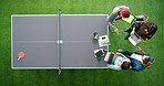 Startup, game room and planning team work on social media marketing strategy, review documents or app user data. Table tennis, collaboration and business people teamwork on advertising idea top view