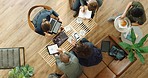 Business people meeting in coffee shop for breakfast or b2b discussion with customer service waiter. Corporate workers or entrepreneur with client partnership for a collaboration in cafe restaurant