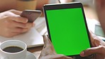 Green screen, tablet mockup and business man hands with drinking coffee working with social media, planning and design. Zoom, digital and fintech with male worker for research internet or web design