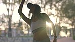 Dance woman and urban hip hop fitness performance practice exercise with peaceful and calm sky. Young dancer athlete girl training with focus, concentration and passion with relaxing sunset.