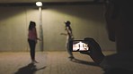 Phone, video and social media with friends dance in city together for app, creative and internet. Live streaming, online and technology with influencer dancing in street for art, music or web content