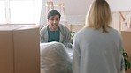New home, celebration and happy couple moving sofa in for furniture excited of their residential real estate property. Homeowner, smile and young woman lifting a couch with her partner at their house