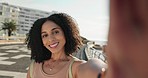 Selfie, woman and beach portrait for social media influencer, content creator and online blog in Florida. Travel, face and black woman streaming vacation in Mexico for subscribers followers and fans