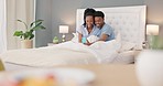 Couple, bedroom and phone video call of black people in bed talking with happiness. Happy girlfriend and boyfriend with a smile using technology in the morning in a house bed with a conversation