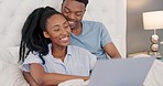 Computer, video and streaming of a black couple in the morning talking and laughing in a bedroom bed. House, home and pc movie of a woman and man with a happy smile together online with a laptop