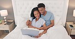 Laptop, bed and black people couple with movie at night with lamp, furniture and bedroom luxury with multimedia technology. Love, hug and happy woman relax with partner and watch film on pc together