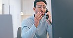 Stress, burnout and phone call with tired man talking on telephone about problem, error or computer 404 internet page. Freelace, remote worker and depressed male having frustrated conversation 