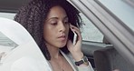 Black woman, business phone call and car driver, driving to work office and talking. Communication, travel and female from South Africa on 5g mobile, smartphone or cellphone chat and stuck in traffic