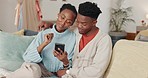 Black couple, phone and sofa to relax for social media, app or web for news, ecommerce or communication. Woman, man and smartphone for internet, email or online shopping with love, happiness and care