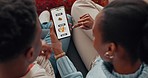 Black couple, phone and food app in ecommerce together making an online purchase at home. Hands of African American man and woman in decision, choice or order for dinner date on mobile smartphone