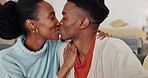 Black couple in home, funny selfie of people kiss on streaming video call or big dental smile. Healthy teeth results of happy african woman, natural young love together or clean mouth healthcare 