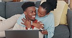 Black couple, relax with laptop and ecommerce with credit card for internet purchase on living room sofa together. Online shopping from home, safe digital payment and browsing virtual store on couch 