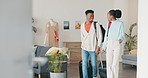 Travel, suitcase and couple leaving home on world or global  tour vacation for adventure, bonding and quality time. Luggage, smile and happy black woman and man walking out house together for holiday