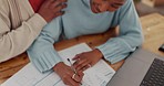 Finance, insurance and couple with a black woman and man writing on investment or savings documents at home. Accounting, wealth and contract with a male and female applying for a loan together