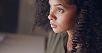 Black woman, thinking or working on laptop for planning, creative research or strategy for company vision or mission. Business, typing at night with corporate report, schedule or SEO calendar agenda.