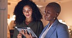 Business women, discussion and communication with tablet and planning strategy, sharing ideas for project. African workers collaboration, teamwork and conversation, corporate meeting and talking.