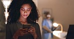 Business, phone or black woman working at night with communication, networking or technology for social media app. Employee, worker or manager on smartphone for social network, research or email send