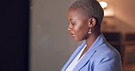 Night, computer and black woman reading information from a folder while working in a dark office at night. Corporate and African worker typing on pc while doing a deadline for a proposal in overtime