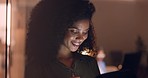 Office, night and happy black woman on a phone at her job in the dark smiling about funny text. Business, technology and social media mobile app scroll of a person working late on a work break