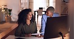 Documents, collaboration and talking with a business woman team working in their office at night. Teamwork, conversation and training with a female employee explaining a report to a colleague