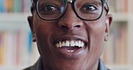 Black man, face glasses and laughing portrait in library, office bookshelf and Brazil of funny, comic and happiness. Happy guy person, geek and comedy nerd, crazy salesman and accountant businessman