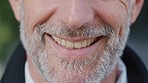 Elderly, man and smile in zoom of teeth, beard and wrinkles while outdoor. Macro, face and mouth with happiness for closeup of dental, health or oral healthcare in senior, retirement or older people