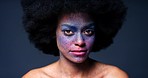 Secret, silence and woman face paint makeup, portrait and unique creative art, fantasy and design on black background. Afro beauty artist finger on lips, privacy whisper and quiet mouth expression