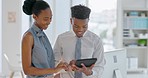 Happy business people, laughing and tablet at the office of workers in corporate startup. Black man and woman working together on touchscreen with laugh and smile for funny news at the workplace