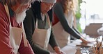 Creative pottery class, senior couple and teacher working together. Art, creativity and education, retirement hobby with clay for asian man and woman from Japan in workshop with girl teaching craft.