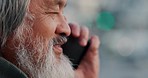 Asian man, retirement and phone call with communication, mobile and happy talking closeup. Elderly person, face and smile, connect and check in, laugh at good news and outdoors in cityscape.