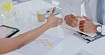 Hand shake, employer and man employee congratulations on successful proposal, job interview or project at desk in office. Male, worker and confident or smile for approval, agreement and at workspace.