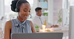 Black woman, computer sales and call center, customer service and consulting advice for contact us, customer support help and office advisor. Happy african telemarketing consultant crm communication
