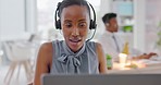 Black woman, call center and consulting business in customer support with headphones speaking at the office. Happy African American female in telemarketing or contact us talking to client on laptop