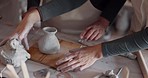 Couple, pottery class and clay teacher in art studio, creative small business and mold product manufacturing workshop. Senior man, woman and sculpture mud in design startup, craft store or creativity