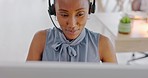 Black woman, customer service support and phone call  communication on telemarketing office typing on laptop. Contact us help desk girl talking, conversation and speaking at crm call center company