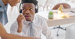 Manager help call center worker on computer with talking, communication or telemarketing deal, sales or promotion for customer. Office black woman boss support learning intern with client on tech