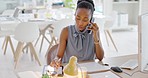 Black business woman, tablet and phone call networking with customer in office for digital marketing strategy, advertising campaign and brand ideas. Talking worker with technology and paper documents