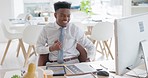 Success, winner and goals with businessman at computer working on marketing strategy, investment or idea. Celebration, wow and news with black man at desk excited for growth, happy and vision