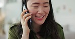 Phone call, smartphone and happy woman with business communication for work from home opportunity, networking with client or b2b conversation. Excited asian entrepreneur talking on cellphone in house