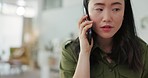 Smartphone, phone call and business woman in home office talking to client, b2b communication or job opportunity discussion and smile. Happy asian entrepreneur with work from home career on cellphone