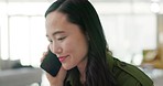 Phone call, yes and happy woman with work from home opportunity, kpi review feedback or loan agreement on cellphone conversation. Asian entrepreneur or business worker talking on cell phone for a job