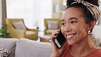 Phone call, communication and relax black woman on sofa talking, happy and smile while on 5g smartphone conversation. Speaking, discussion and young girl lounge in living room with mobile cellphone