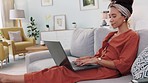 Thinking, relax and laptop with woman in living room working online for freelancer, communication or planning strategy. Email, digital and idea with remote worker on sofa for search and internet 