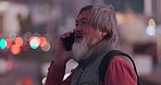 Asian senior man, with phone and have conversation in city outdoor, agree and standing. Elderly male, mature guy and smartphone talking, communication and discussion outside, on sidewalk and relax.