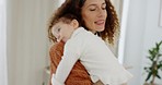Love, support and mom with newborn for comfort in home with burping gas for maternity and digestion. Motherhood, baby and care of mama with calm and bloated infant resting on parent in family home.

