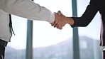 Handshake, meeting and b2b with a business man and woman shaking hands in an office boardroom. Team, crm and thank you with a male and female employee working in collaboration or partnership