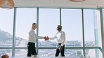 Collaboration, applause and partnership handshake in business meeting. Teamwork, welcome and businessmen in celebration in city office. Business deal, support and partner in corporate workspace