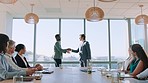 Hand shake, diversity partnership and business meeting celebration for b2b deal, negotiation or merger success. Handshake, collaboration and welcome to corporate company with group of people clapping